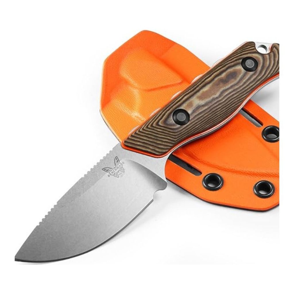 Benchmade hunting knife with a wood-handle and orange sheath