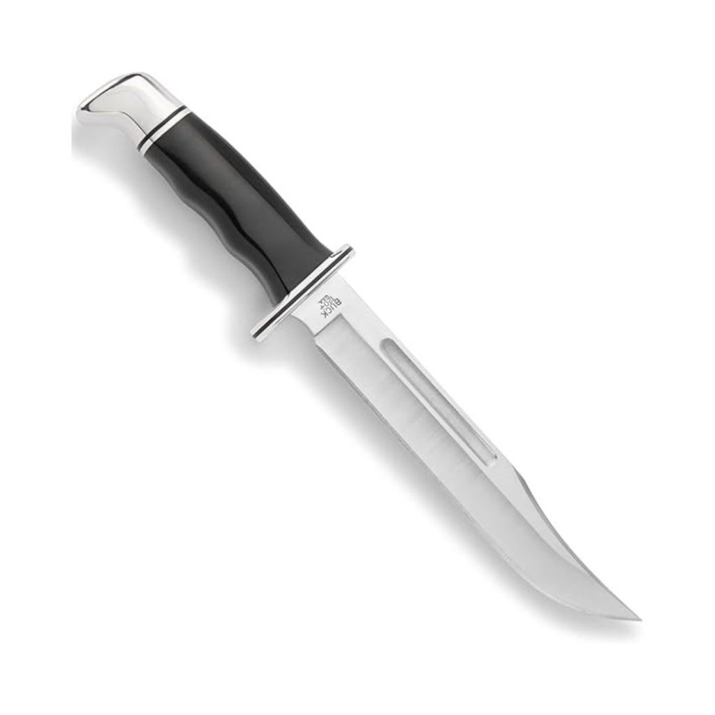 Buck 120 hunting knife with a black handle and polished steel blade
