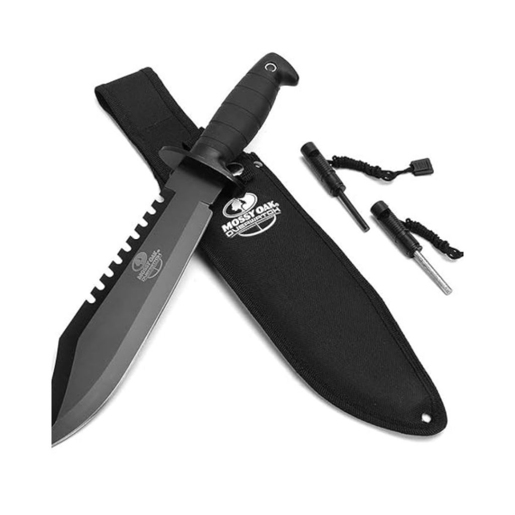 Black Mossy Oak hunting knife with sheath and fire starters